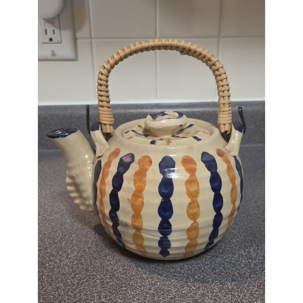 Vintage Japanese Ceramic Teapot Hand-Painted Blue Orange Stripes Woven Handle